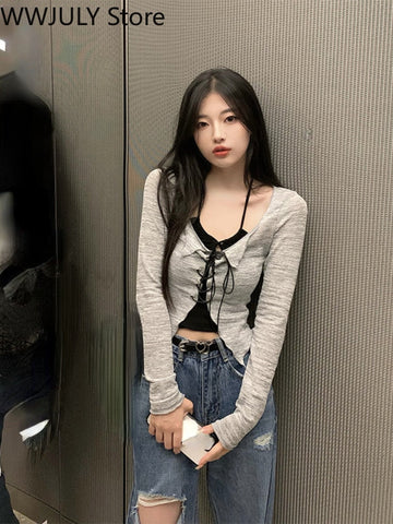 Yipinpay Summer Korean Fashion Suit 2 Piece Set Casual Strap Black Camis + Long Sleeve Knitted Crop Tops Thin Pure Color Blouse Chic